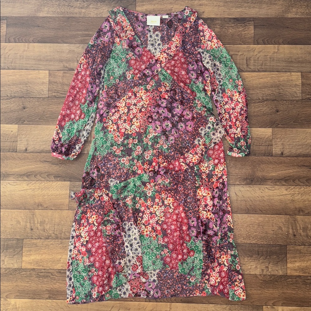 Maeve Size Small Anthropologie Sirena Ruffled Tunic Dress Floral Midi V-Neck Lux
